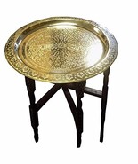 Moroccan Traditional Tea Table Engraved Brass Tray Top Folding Carved Wo... - $338.52 CAD
