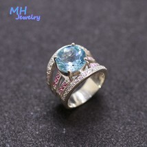 natural blue topaz gemstone luxury solid men and women ring real 925 Sterling Si - £110.79 GBP