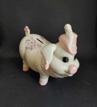 Vintage Piggy Bank Atlantic Mold Coin Pink White Flowers Feather Hat Earrings - $34.60