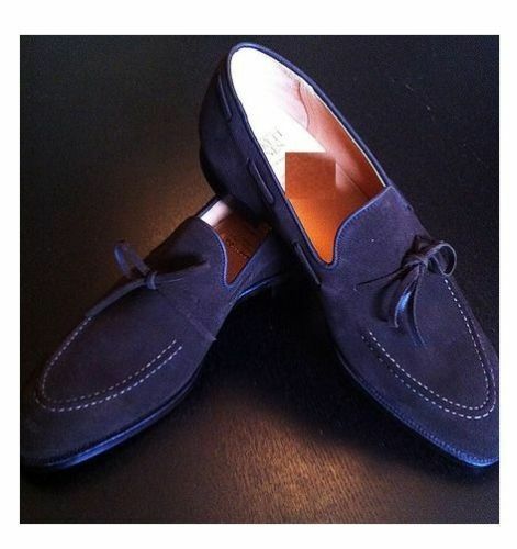 Men Blue Slipper Tassel Loafer Handmade Suede Leather Formal Dress Shoes US 7-16
