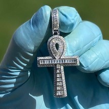 3Ct Simulated Diamond Egyptian Ankh Cross Pendant 14K White Gold Plated Silver - £195.55 GBP