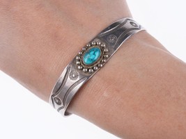 6 3/8&quot; 30&#39;s Navajo Hand stamped silver and turquoise Fred Harvey era bracelet - £233.16 GBP