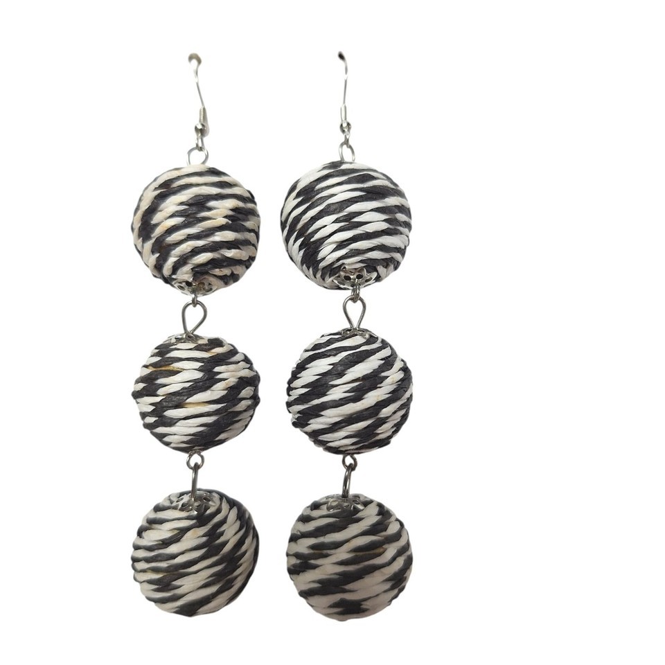 Black &amp; White Triple Ball Drop Earrings Twisted Rope Design Lightweight ... - $14.55