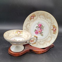 Vintage Riviera Japan China Tea Cup Saucer Gold Guilding Pink Floral Han... - $12.86