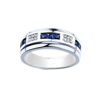 Xmas 0.50ct Princess Sapphire &amp; Diamond Men&#39;s Wedding Band 14k White Gold Over - £112.64 GBP