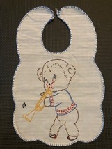 Vintage Cute Cotton Baby Bib Hand Embroidered Bear with Trumpet - $9.41