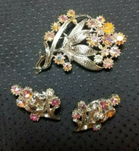 Cara Pink Aurora Borealis Floral Spray Silver Tone Pin Brooch &amp; Earrings... - £18.16 GBP