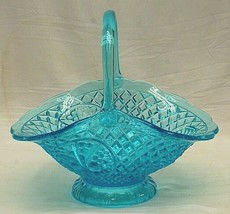Blue Glass Footed Basket Indiana Embossed Cherries Diamond Waffle Pattern MCM - £54.75 GBP