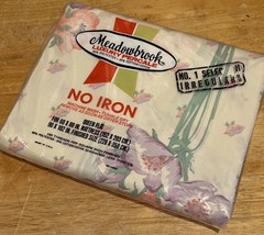 VTG Meadowbrook Irregular Queen Flat Sheet Pink Flower Purple NOS Percal... - $19.79