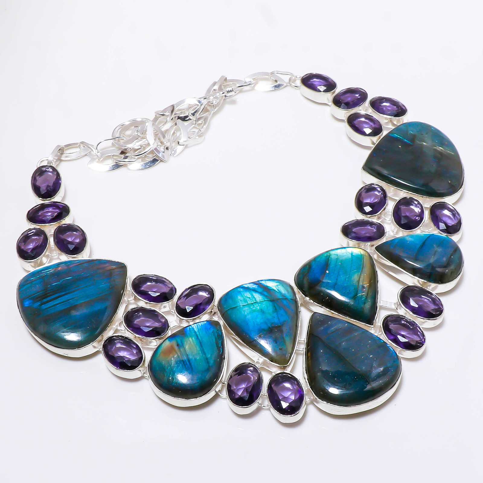 Blue Fire Labradorite African Amethyst Gemstone Necklace Jewelry 18" SA 5553 - £14.22 GBP