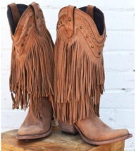 Women Boots Shoes New Fringe Middle Heels Western Boots Fashion Slip-on Wedge Po - £62.49 GBP