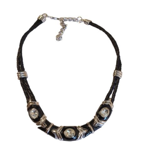 NOLAN MILLER Black Enamel Metal Braided Leather Clear Crystal Choker Necklace  - $59.95