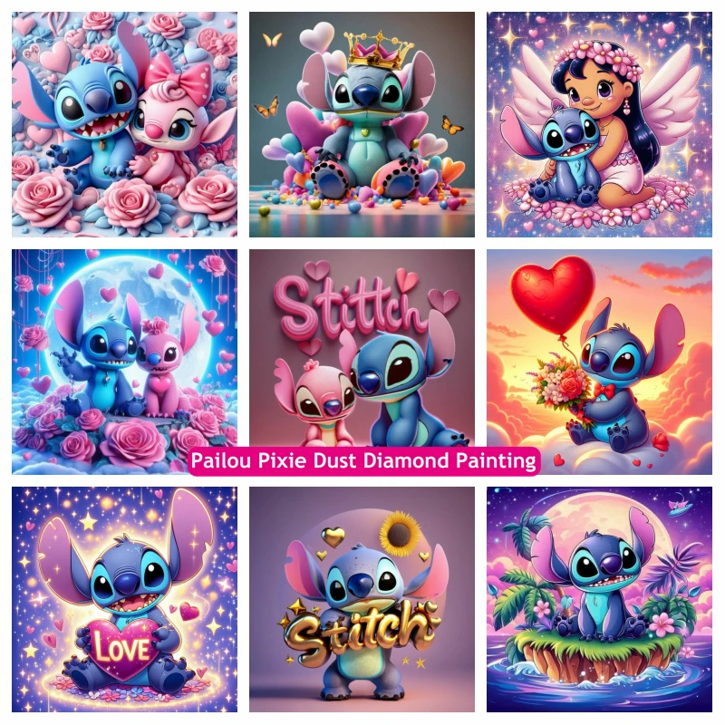 Romatic Lilo And Stitch With Flowers Art Fairy Dust Diamond Painting Kits Cute - £10.60 GBP+