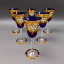 Tre Fuochi Venetian Murano Glass Cobalt Blue 24K Gold Wine Glasses Set Of 6 - $1,999.99