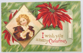 Antique 1911 Embossed Merry Christmas Girl w/ Holly Postcard 3.5&quot; x 5.5&quot; - £7.41 GBP