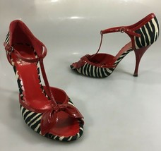 Moschino 1O US Zebra Red Patent Leather T-Strap 4&quot; Heels Stilettos Shoes... - $92.61