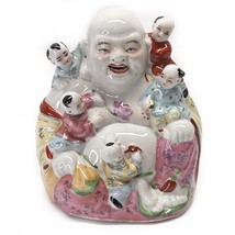 Laughing Buddha Chinese Famille Rose Porcelain With Children Statue 6” 1960&#39;s - £55.37 GBP
