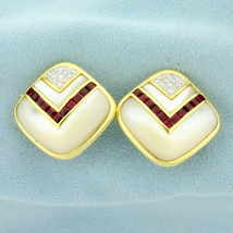 Ruby, Mother of Pearl and Diamond Clip On Earrings for Non Pierced Ears in 14K Y - £1,249.03 GBP