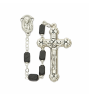 Black Square Cut Wood Beads And Madonna Center Rosary Cross Crucifix - £32.06 GBP