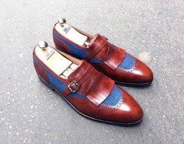 Premium Leather Blue Maroon Two Tone Apron Toe Men Handmade Men Monk Shoes - $149.99