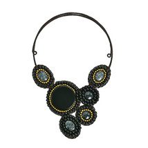 Mosaic Charm Black Agate and Brass Beads Cotton Rope Choker - £15.19 GBP