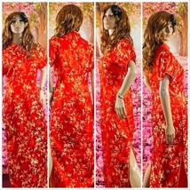 Qipao Maxi Dress Red And Gold Floral Shirt Sleeves - £47.07 GBP