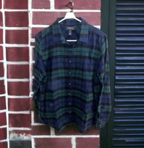 Lands End Shirt Womens SIZE 14 Plaid Flannel Button Up Navy Blue Green Black - £19.38 GBP