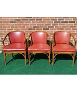 3 MCM Shelby Williams Red Vinyl Upholstered Arm Chairs Bamboo Look Resto... - €300,98 EUR