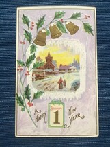 Vintage Postcard A Happy New Year Bells Church Holly 688A - £4.71 GBP
