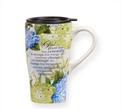 Travel Mug with Serenity Prayer Sentiment Hydrangea Ceramic 14 oz with Lid