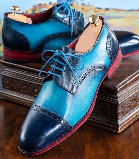 New Men's Two Tone Blue Black Cont Rounded Cap Toe Leather Lace Up Shoes  2019
