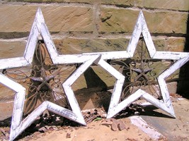 TWO Western Wall Stars Wood with Cast Iron Rustic decor Off White bz - £103.88 GBP