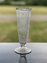 Vintage Depression Glass Harp Bud Vase Jeannette Glass w\Gold Trim 7 1/2&quot; - $20.37