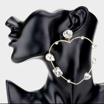 Gold Crystal Heart Geometric Fashion Stylish Trendy Bling Open Big Hoop Earrings - £17.68 GBP