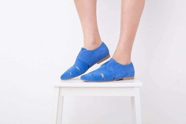 Women&#39;s Blue Suede Leaher Strap Detail Flat Handmade Unique Dress Shoes  - $127.39