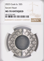 2023- Cook Islands $5 1oz Silver Secret Heart Antique- NGC- MS70 Antiqued - $180.00