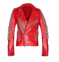 Mens Red Studded Leather JACKET Silver Spiked Brando Biker Christmas Party Wear - £182.25 GBP