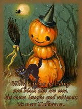 Little Pumpkin Jack-O-Lantern Witch  with Black Cat Halloween Metal Sign - £27.55 GBP