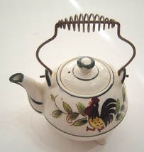 Vintage  Small White Rooster Ceramic Tea Pot  Wire Handle - $22.99