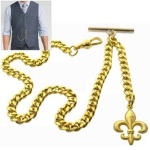 Albert Chain Pocket Watch Chain GOLD Tone Fleur de lis Fob T Bar Swivel Clip 183 - £13.07 GBP