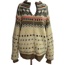 Vintage Sweater Cardigan One of Kind Zip Up Jacket Wool Handmade Nordic Lined L - £39.02 GBP