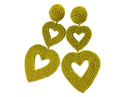 Seed Bead Yellow Double Heart Dangle Earrings Valentines Day 4&quot; Long - £11.10 GBP