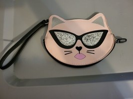 Betsey Johnson wristlet, coin purse, glitter, kitty, Pink And Black Glasses - £12.82 GBP