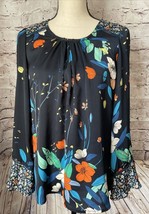 Nanette Lepore Navy Blue Floral Blouse Bell Sleeve Women’s S - $210.34 MXN