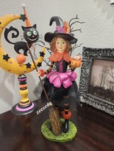 Halloween Witch Holding Broom Pumpkin Purple dress Figure Figurine Statu... - £34.74 GBP