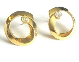 Earrings Pierced Marked Jewelry Gold Tone Circular With Solitary CZ Rhinestone - £6.89 GBP