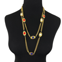 PATRIOTIC gold double-strand flapper-length necklace - 54&quot; red white blue glass - £30.94 GBP