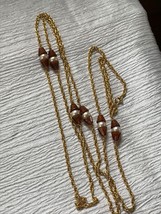 Vintage Long Goldtone Twist Chain with Faux White Pearl Flanked w Plastic Amber - £9.74 GBP