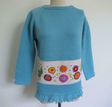 Vintage 60s Hand Embroidered Wool Sweater w Fringe M L Blue Mod Flower Power - £48.36 GBP