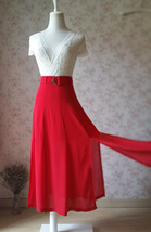 Red Long Double Slit Skirt Outfit Women Plus Size Party Skirt with Belt image 5